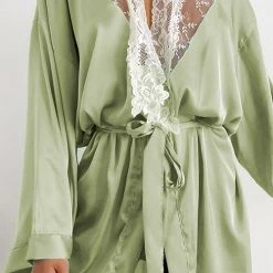 Levency New In Sage Green Lace Satin Robe