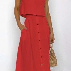 Levency Button Decorate Vest Naxi Skirts Set New In