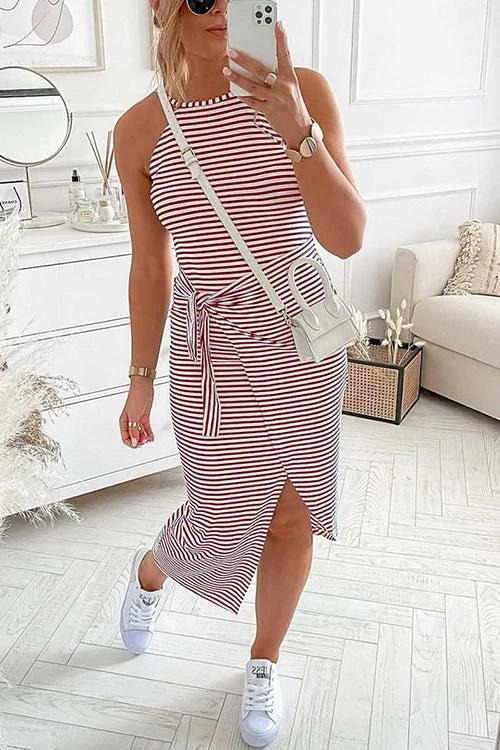 Levency New In Striped Wrap Tie Asymmetric Halter Midi Dress 3 Levency New In Striped Wrap Tie Asymmetric Halter Midi Dress