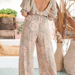 Levency Floral Backless Wide Leg Pants Suit