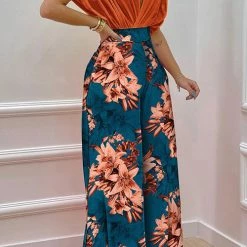 Levency New In V Neck Bat Blouse Print Wide Leg Pants Set