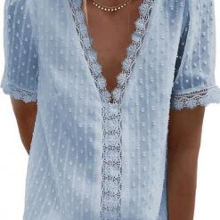 Levency Lace V Neck Puff Short Sleeves Blouses 19 Levency Lace V Neck Puff Short Sleeves Blouses