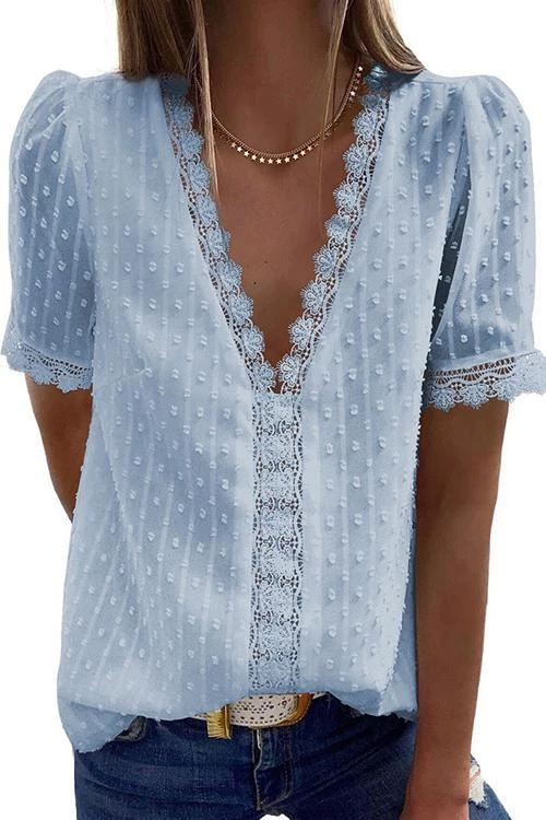 Levency Lace V Neck Puff Short Sleeves Blouses 3 Levency Lace V Neck Puff Short Sleeves Blouses