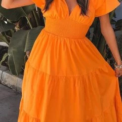 Levency New In V Neck Ruffles Tiered Midi Dress