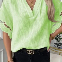 Levency Keyhole Scalloped Edges V Neck Blouse