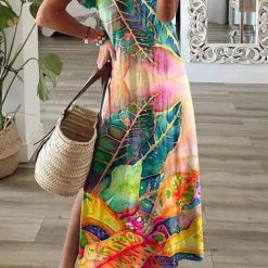 Levency Ambilight Print V Neck Slit Maxi Dress New In