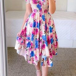 Levency Shirred Bodice Off Shoulder Flap Asymmetric Dress New In