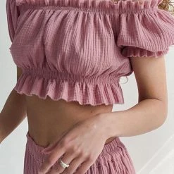 Levency Off Shoulder Ruched Crop Top Pants Sets