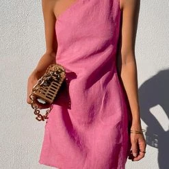 Levency Minimalism One Shoulder Linen Mini Dress
