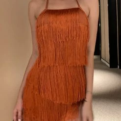 Levency New In Halter Neck Open Back Tassel Hem Romper