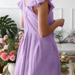 Levency Ruffles Sleeve V Neck Midi Dress