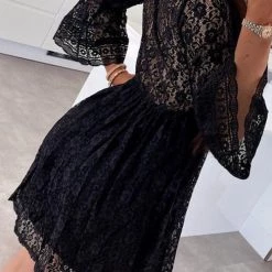 Levency See Though Flares Sleeve V Neck Mini Dress