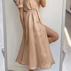 Levency Pearl Button O Neck Shirt Maxi Dress