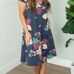 Levency Floral O Neck Pockets Midi Dress