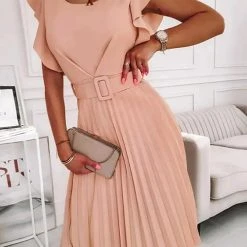 Levency Ruffles O Neck Pleated Midi Dress