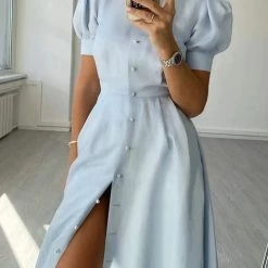 Levency Pearl Button O Neck Shirt Maxi Dress