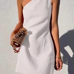 Levency Minimalism One Shoulder Linen Mini Dress
