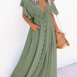 Levency New In Button Drawstring Waist Bat Maxi Cover Dress