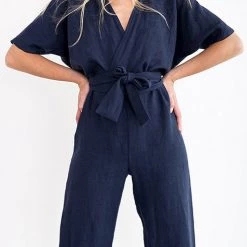 Levency New In Linen V Neck Wrap Jumpsuits