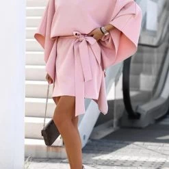 Levency New In Loose Bat Belted Mini Dress