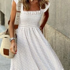 Levency New In Plaid Ruffles Smocked Maxi Dress