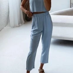 Levency Solid Pockets Tank Pants Set