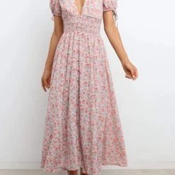 Levency Shirred Waist V Neck Maxi Dress New In