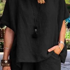 Levency Solid Short Sleeve Blouse Shorts Set New In