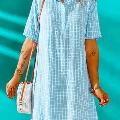 Levency Plaid Button Half Sleeve Mini Dress 13 Levency Plaid Button Half Sleeve Mini Dress