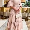 Levency O Neck Puff Sleeve Ruffles Midi Dress New In