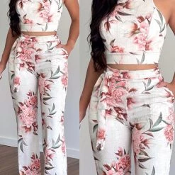 Levency Print Halter Backless Crop Pants Set