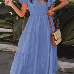 Levency New In V Neck Ruffles Tiered Midi Dress