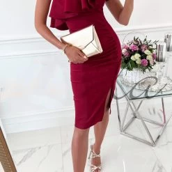 Levency New In Ruffles One Shoulder Ruched Slit Dress