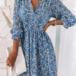 Levency Floral V Neck Elastic Waist Mini Dress New In