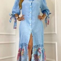 Levency Tie Long Sleeve Button Maxi Dress