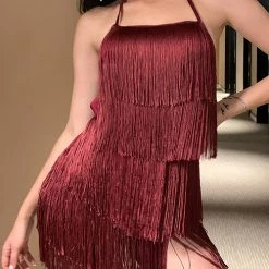 Levency New In Halter Neck Open Back Tassel Hem Romper