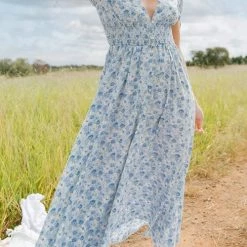 Levency Shirred Waist V Neck Maxi Dress New In