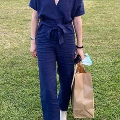 Levency New In Linen V Neck Wrap Jumpsuits