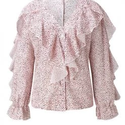 Levency New In Ruffles Button V Neck Blouse