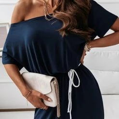 Levency Dew Shoulder Slit Belted Bat Dress 26 Levency Dew Shoulder Slit Belted Bat Dress