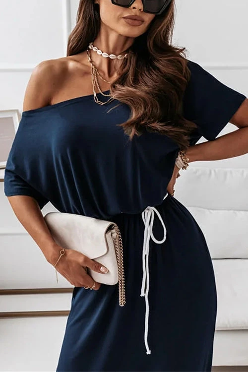 Levency Dew Shoulder Slit Belted Bat Dress 7 Levency Dew Shoulder Slit Belted Bat Dress