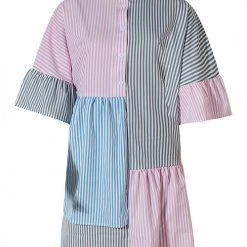 Levency New In Stripe Color Block Half Button Mini Dress