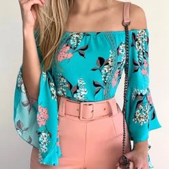Levency Print Off Shoulder Bell Sleeve Blouse New In