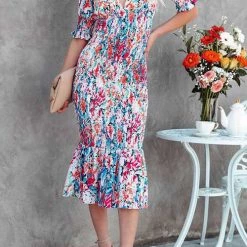 Levency New In V Neck Puff Sleeve Smocked Waist Midi Dress 20 Levency New In V Neck Puff Sleeve Smocked Waist Midi Dress