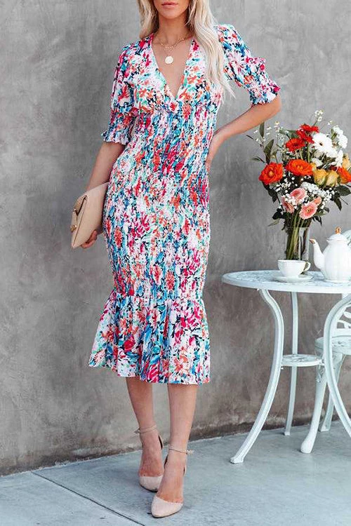 Levency New In V Neck Puff Sleeve Smocked Waist Midi Dress 10 Levency New In V Neck Puff Sleeve Smocked Waist Midi Dress