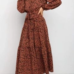 Levency New In Print Belted Long Sleeve Maxi Dress
