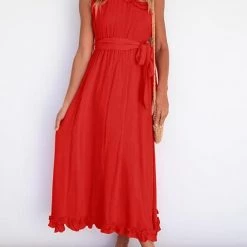Levency Ruffles One Shoulder Belted Maxi Dress