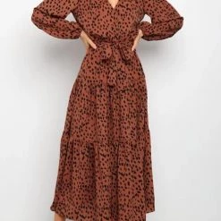 Levency New In Print Belted Long Sleeve Maxi Dress