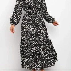 Levency New In Print Belted Long Sleeve Maxi Dress