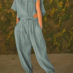 Levency Slit Back Solid Drawstring Jumpsuit 19 Levency Slit Back Solid Drawstring Jumpsuit